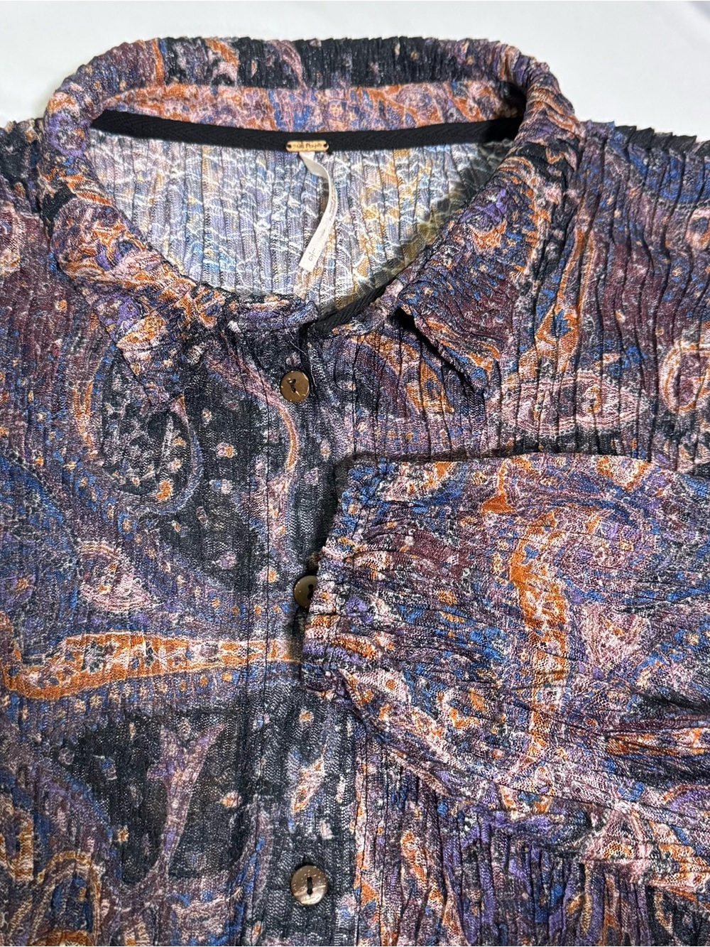 Free People Womenβs Abstract Button Down Flowy Sheer Top, Size Large